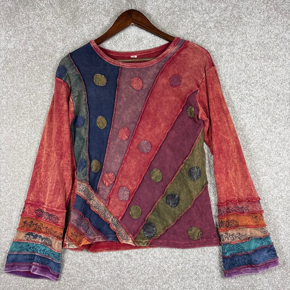 Nepal Boho Patchwork Sunburst Long Sleeve Top Red Blue L/XL